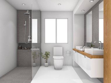 3D render en az ahşap ve taş banyo beyaz