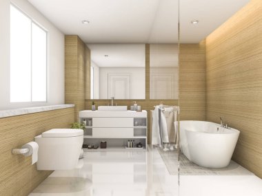 3D render kayın ağaç ve beyaz en az banyo ve tuvalet
