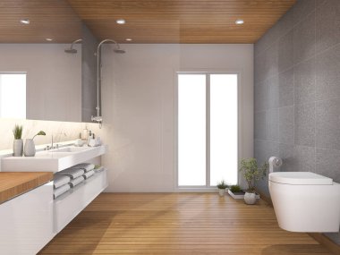 3D işleme modern ahşap banyo ve tuvalet penceresi yakınındaki