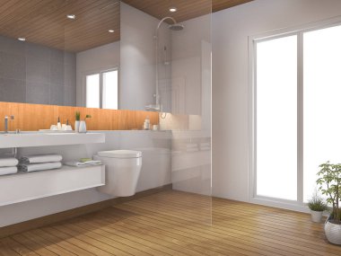 3D render ahşap banyo ve tuvalet penceresi yakınındaki