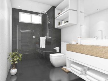 3D render siyah banyo duş ve tuvalet
