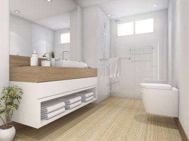 3D render Beyaz ahşap tasarım banyo ve tuvalet
