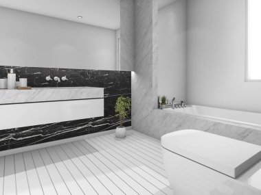 3D Render güzel görünümü banyo beyaz ve siyah tasarımı ile