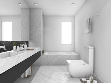 tuvalet ve banyo 3D işleme beyaz ve siyah mermer