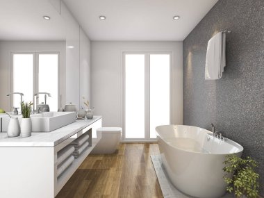 3D render ahşap banyo ve tuvalet penceresinden gün ışığı