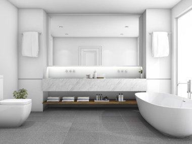 3D render beyaz lüks banyo penceresi yakınındaki