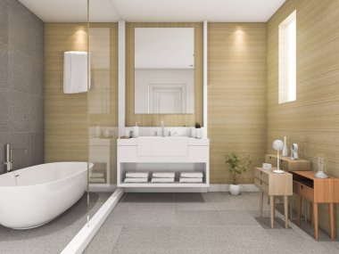 3D render kayın ahşap banyo penceresinden ışık ile