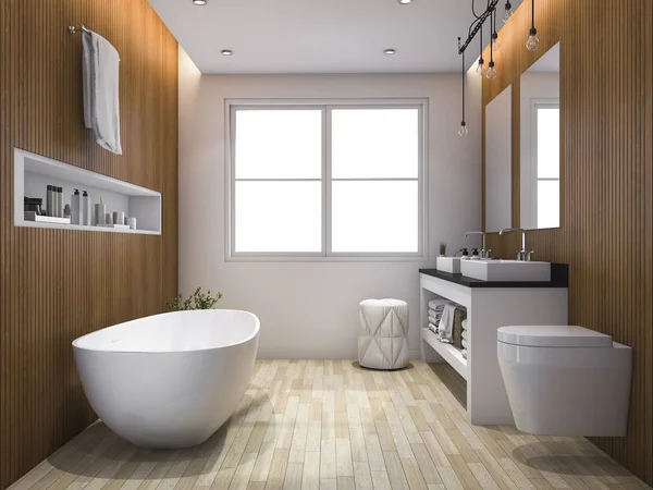 3d renderizado lujo madera estilo baño e inodoro —  Fotos de Stock