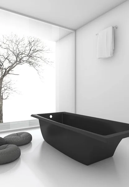 3D renderowania minimal czarna wanna w pobliżu okna, zimą — Zdjęcie stockowe