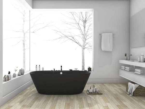 3d 렌더링 겨울, 나무 바닥과 현대적인 스타일 욕실 — 스톡 사진