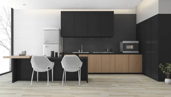 3d render modern hitam dapur dengan lantai kayu dekat jendela — Stok Foto