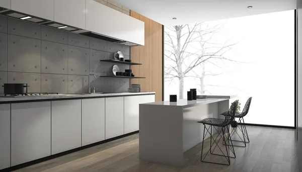 与木地板窗户附近的 3d 呈现白色现代厨房 — 图库照片