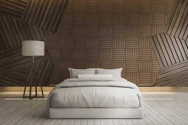 3D rendering όμορφο λευκό καθαρό κρεβάτι με τοίχο λαμπτήρα και ξύλο — Φωτογραφία Αρχείου