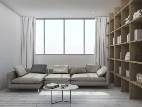 3d renderização sala de estar com estante de madeira — Fotografia de Stock
