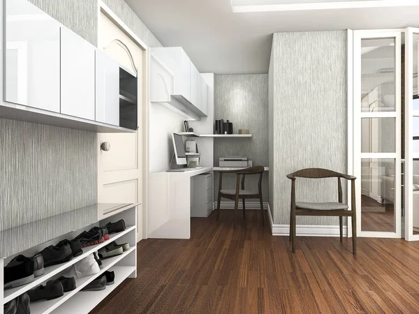 3D render çalışma ve oturma odası ayakkabı kabine ile