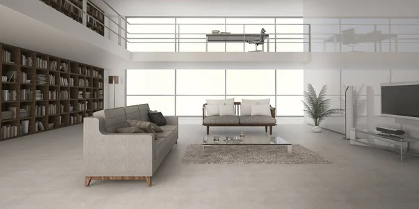 3d representación loft blanco sala de estar con sofá y tv — Foto de Stock