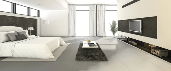 Przestrzeni 3D renderowania ogromne i szerokie białe sypialnia — Zdjęcie stockowe