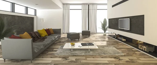 3D vykreslování barevné rozkládací moderní dřevěný obývací pokoj — Stock fotografie