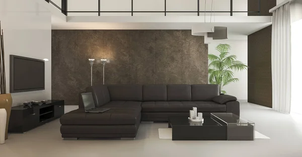 3D vykreslování loft hnědé tapety obývací pokoj s denním světlem — Stock fotografie
