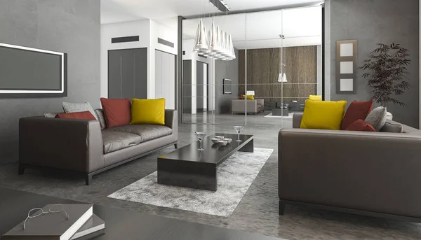 3D vykreslování kožená pohovka a barevné polštáře v podkrovní obývací pokoj — Stock fotografie