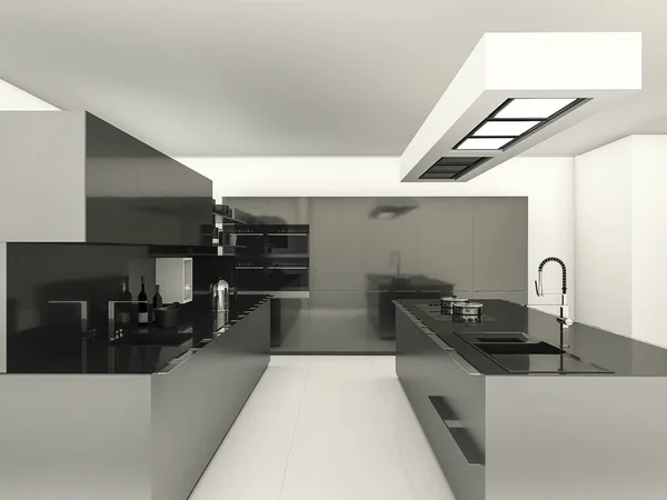 Nowoczesny styl renderowania 3D z odzwierciedlają materiału kuchnia — Zdjęcie stockowe