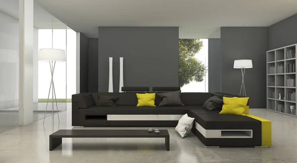 3d 渲染现代黄色和黑色布艺沙发在明亮的客厅里 — 图库照片