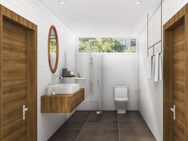 3D rendering messing en hout stijl badkamer en toilet — Stockfoto