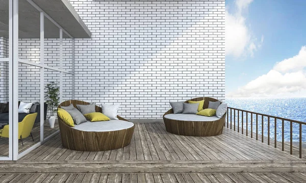 Renderowania 3D okrągły sofa na deski taras w pobliżu morza — Zdjęcie stockowe