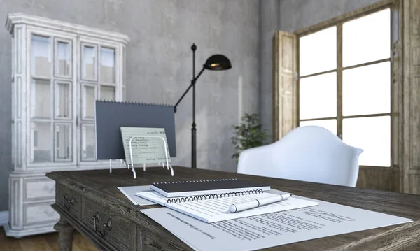 3D rendering εν στάσει και χαρτιού στην επιφάνεια εργασίας στο όμορφο δωμάτιο — Φωτογραφία Αρχείου