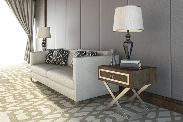 3d rendendo bellissimo divano bianco con bel tappeto in soggiorno — Foto Stock