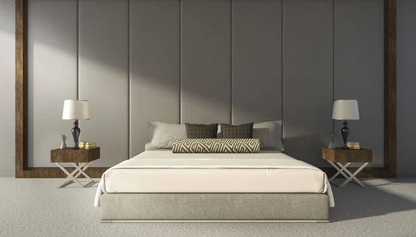3d rendendo bella camera da letto parete grigia — Foto Stock