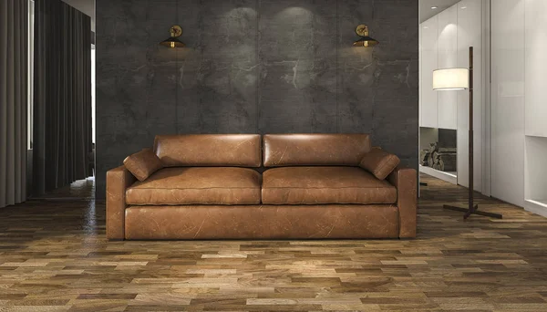 Divano in pelle marrone rendering 3d nel soggiorno soppalco — Foto Stock