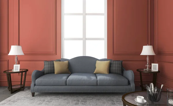 Divano 3d rendering classico blu in soggiorno rosso — Foto Stock