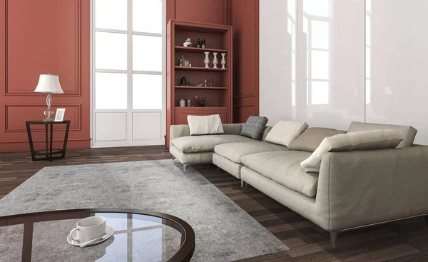 3D vykreslování klasický červený obývací pokoj s krásným nábytkem — Stock fotografie