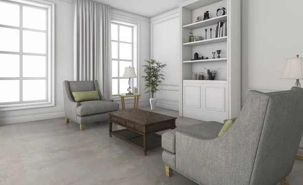 3D vykreslování bílý malý obývací pokoj s pohodlným nábytkem — Stock fotografie