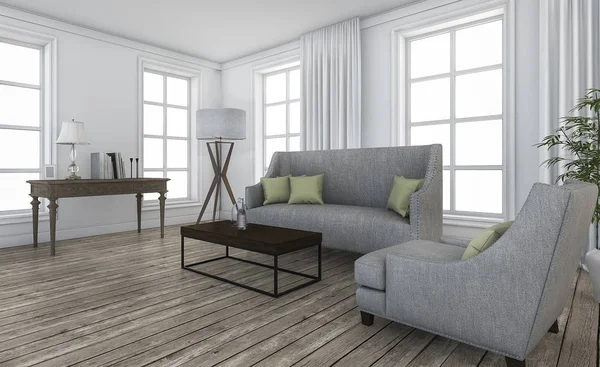 3D vykreslování pěkný podkrovní nábytek v obývacím pokoji moderní — Stock fotografie