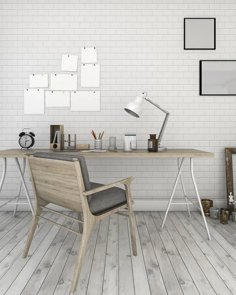 3D-Rendering weiße Ziegelwand mit Loft-Stil Arbeitszimmer — Stockfoto