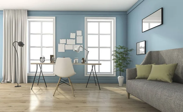3D vykreslování modré retro obývací pokoj s krásným nábytkem a dekorace — Stock fotografie