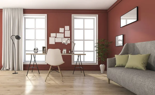 3d renderização vermelho vintage sala de estar com mobiliário agradável — Fotografia de Stock