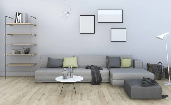3D vykreslování pěkný vintage šedá obývací pokoj s nábytkem — Stock fotografie