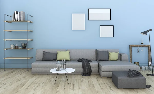 3d renderização agradável vintage azul sala de estar com móveis — Fotografia de Stock