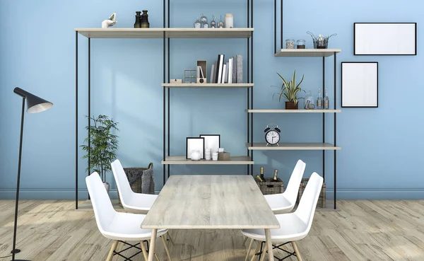 raf dekorasyon ile 3D render Mavi Salon