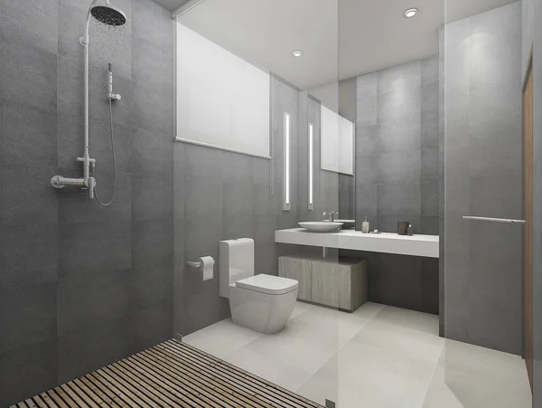 3D Rendering moderner Loft-Toilette und Dusche mit Holzboden — Stockfoto