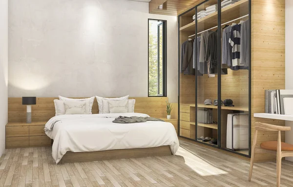 3d рендеринга красивого дерева современная спальня с красивой ткани шкаф — стоковое фото