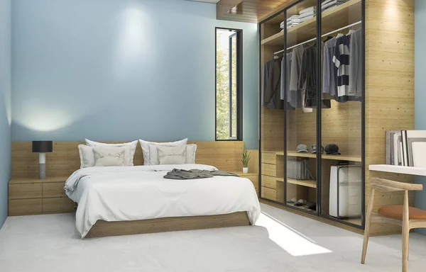3D rendering μπλε vintage υπνοδωμάτιο με ντουλάπι Νίκαια πανί — Φωτογραφία Αρχείου