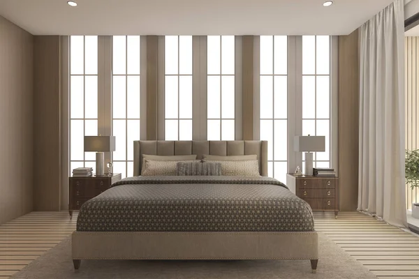 3D renderowania luksusowe sypialnia z wysokiej piękne okno — Zdjęcie stockowe