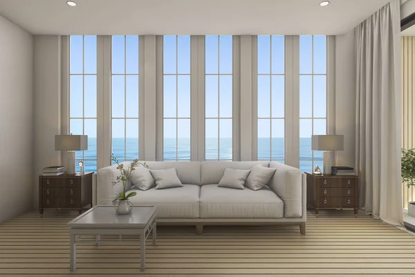 3D renderowania Biała kanapa w piękny salon w pobliżu morza — Zdjęcie stockowe