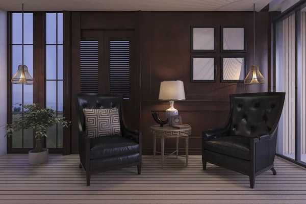 3D renderowania luksusowy salon z klasycznymi meblami w twilight sceny — Zdjęcie stockowe