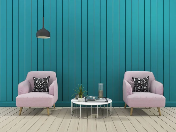 3d rendering green modern wall living room with soft armchair — Stock Photo, Image