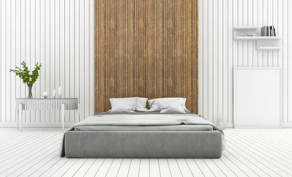 3d renderizado moderno dormitorio de pared de madera blanca con lámpara —  Fotos de Stock